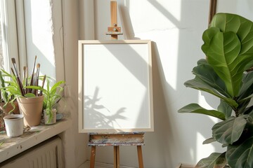 empty frame propped up on an artists easel in a bright studio corner