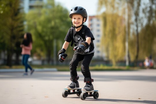 Portrait of a cute little boy on roller skates in the park