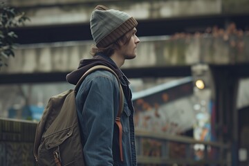 male with boho beanie and satchel walking in an urban area - obrazy, fototapety, plakaty