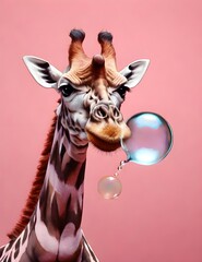 Giraffe blowing bubble gum on pink a background Generative AI