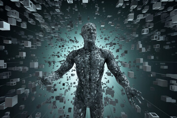 a human body made of squares and cubes, standing in front of a digital background with abstract particles in space, cybernetics, computer rendering