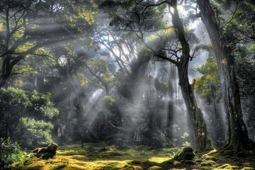 A mystical woodland with fog and sunbeams