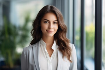 Fototapeta premium Youthful delighted female executive utilizing electronic tablet while standing near the window in the workplace and gazing at camera. Blank area.