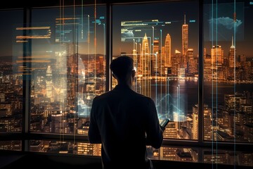 A finance professional analyzing stock market data on a transparent display, overlaying intricate graphs onto the city skyline.