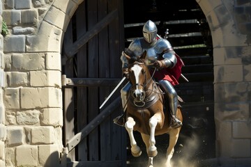 Naklejka premium knight in armor charging fortress gate on horseback