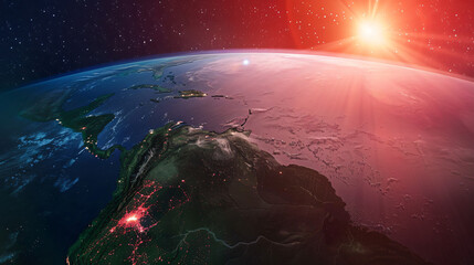 Sunrise above Liberia highlighted in red.
