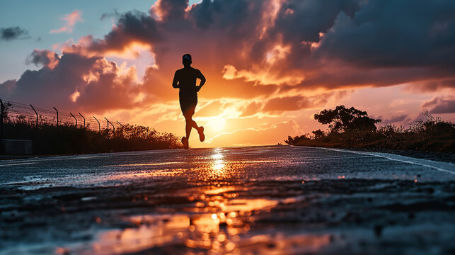 Sunset Beach Runner Silhouette: Person jogging along the shore at dusk, against the backdrop of a vibrant sunset, surrounded by the serene beauty of the ocean
