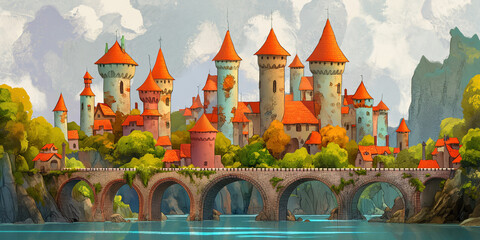 Fairytale castle on a mountaintop by a lake
Bridge over the river with medieval castle towers - obrazy, fototapety, plakaty