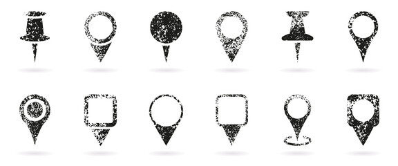 Location Pin Grunge Icon Set. Map Pointer Collection. GPS Navigation Grimy Sign. Dirty Black Map Marker. Destination Tag, Position Mark On White Background. Isolated Vector Illustration