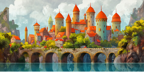 Fairytale castle on a mountaintop by a lake
Bridge over the river with medieval castle towers - obrazy, fototapety, plakaty