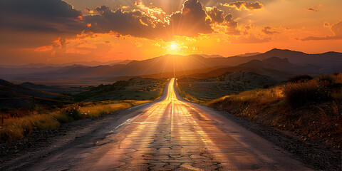vanishing point on empty road sunset beauty,Last sunset rays illuminating empty road beyond horizont. - obrazy, fototapety, plakaty