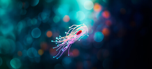 A vibrant depiction of a bacterium with delicate filaments, floating in a bokeh light-filled microscopic environment, evoking scientific curiosity.