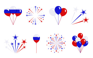 Round firework and bundle of balloons icon set of Russia flag colors isolated on white. Vector clipart, illustration of national russian holidays and festive event, flat sign or symbol.