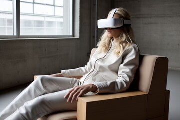 Relaxing woman on sofa experiencing virtual reality through glasses with copy space for text