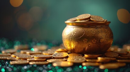 photo close-up of a leprechaun's pot full of coins and gold, San Patrick's Day