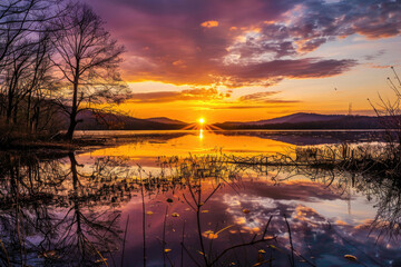 A mesmerizing sunset over a tranquil lake