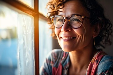 A cheerful middle-aged Hispanic woman with glasses, smiling by a window with sunlight, Generative AI - obrazy, fototapety, plakaty