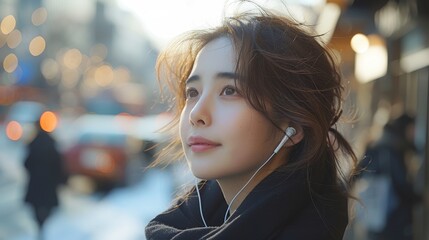 Asian business woman looking sideways while waiting for her cab in the morning. Happy young woman listening to music with earphones in the city. This photograph intentionally features film grain from - obrazy, fototapety, plakaty