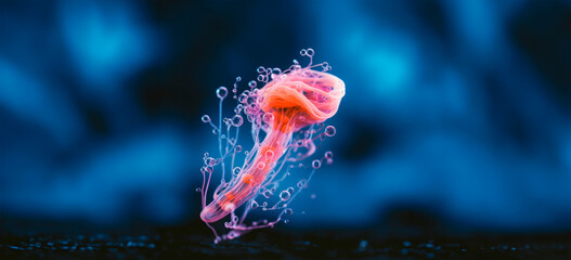 Detailed close-up of a red bacterium with fibrous tentacles in a neon-lit microscopic environment, symbolizing medical research.