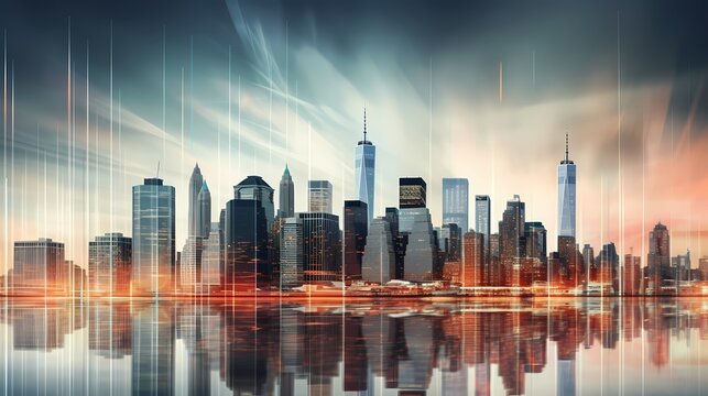 A panoramic shot of a financial district skyline with overlaid transparent stock graphs depicting market movements.