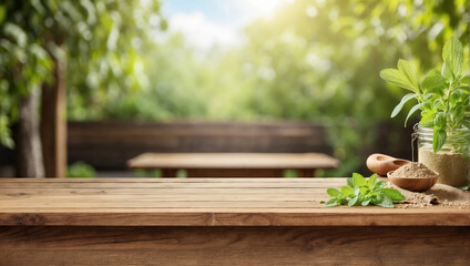 Empty wooden table for product display with Stevia garden background