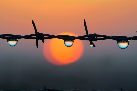 closeup of dewdrops on barbed wire at dawn