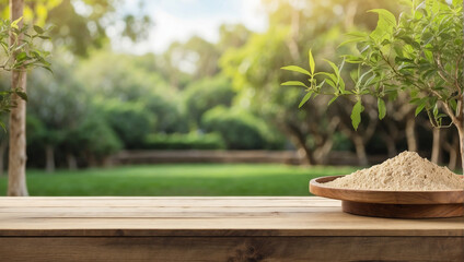 Empty wooden table for product display with Ashwagandha garden background - obrazy, fototapety, plakaty