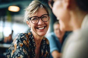 Candid shot of a smiling middle-aged woman with glasses in a casual business meeting, with a focus on her expressive joy, Generative AI