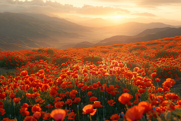 Fototapeta na wymiar scenic landscape with poppy flowers, in the style of golden palette