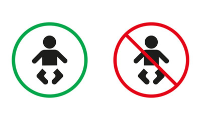 Baby in Diaper Red and Green Warning Signs. Toddler Silhouette Icons Set. Babies Are Allowed. Kids Are Prohibited Symbol. Isolated Vector Illustration
