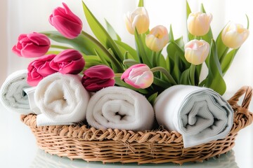 rolled towels with tulips in wicker basket - obrazy, fototapety, plakaty