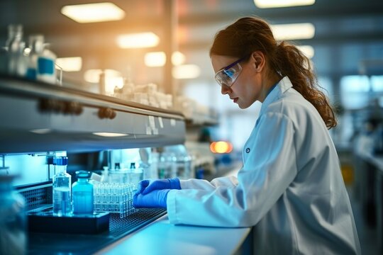 A female scientist in a lab coat conducting research in a modern laboratory environment, Generative AI