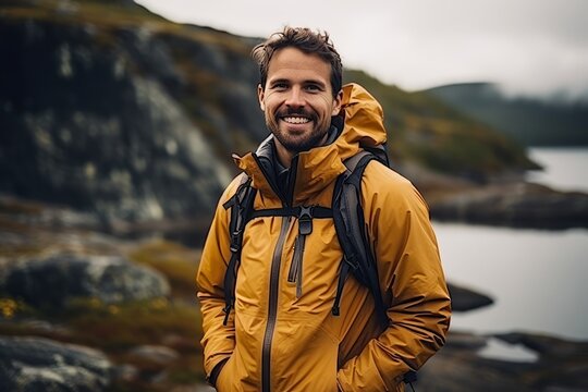 Portrait of a smiling male hiker standing on a rocky coast