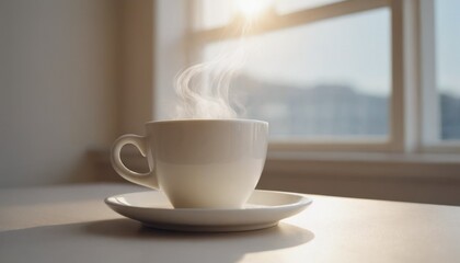 Obraz premium A hot cup of coffee on a saucer, set against a white background, casting a subtle shadow.