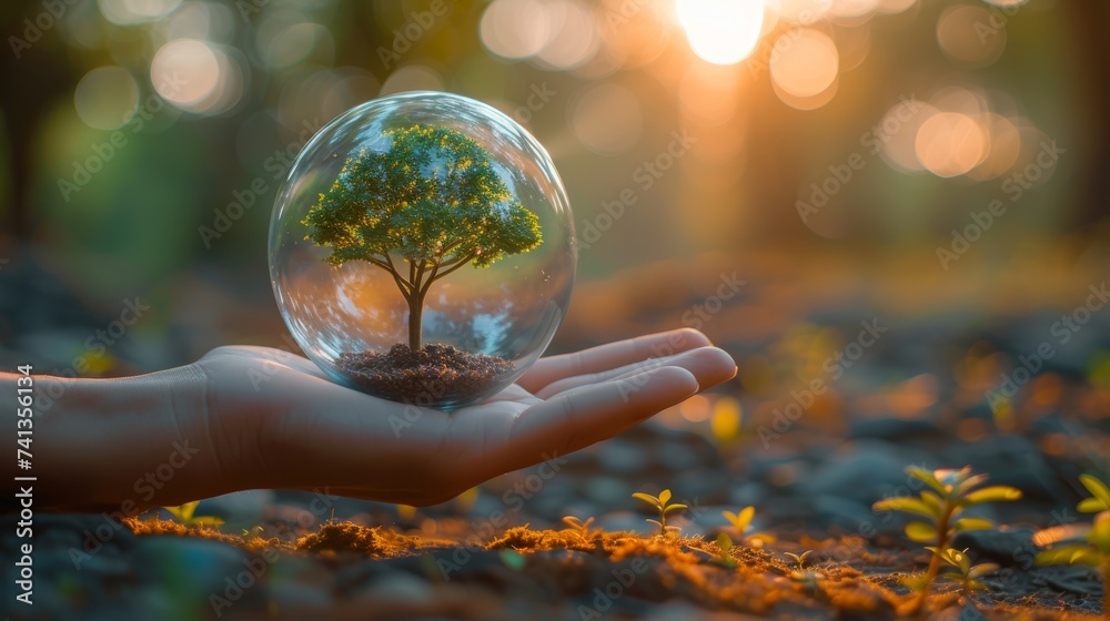 Poster keeping a glass globe ball in hand while a tree grows and green nature blurs behind it. eco concept.