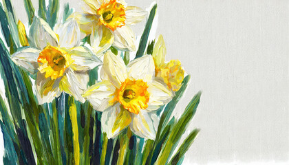 Oil painting of a Narcissus pure white background canvas, copyspace on a side
