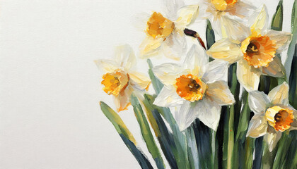 Naklejka na ściany i meble Oil painting of a Narcissus pure white background canvas, copyspace on a side