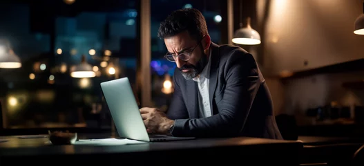 Fotobehang A man in a suit working late on a laptop in a dimly lit room with warm bokeh lights, exuding focus, professionalism, and the intensity of corporate life. © stateronz