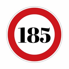 185 kmph or mph speed limit sign icon. Road side speed indicator safety element. one hundred and eighty five speed sign flat isolated on white background 