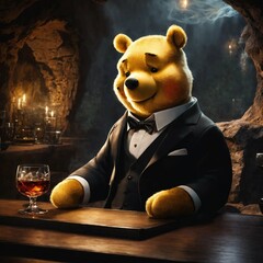 winnie the pooh in a tuxedo, serious look on his face, sitting at a table in a cavern smoking a cigar, a smokey glass of bourbon on the table, rugged, realistic
