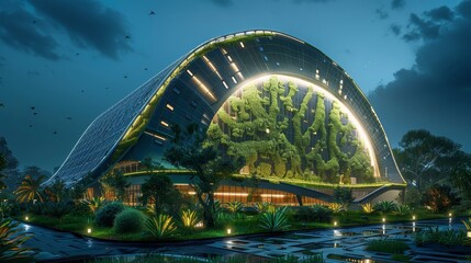 Architectural rendering of a solar-integrated sports stadium, envisioning the future of eco-friendly public spaces