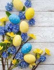 blue and yellow easter eggs and flowers on white wooden background with copy space