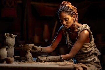 Young and beautiful woman of an African ethnic group working with clay - obrazy, fototapety, plakaty