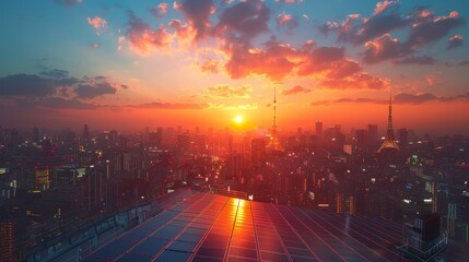 Obraz premium Drone shot of solar panels on a futuristic cityscape at sunset showcasing renewable energy integration