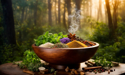 plate with herbs and incense on a forest background. Selective focus.