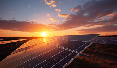 Landscape with solar energy field at sunset. Alternative source of electricity. Solar farm.