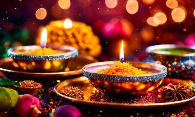 candles and decorations for Diwali. Selective focus. - obrazy, fototapety, plakaty