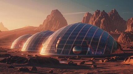 Solar panel array on a Mars habitat dome, imagining the role of solar energy in space colonization - obrazy, fototapety, plakaty