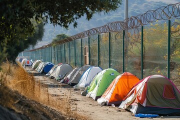 refugee camp with a very high barbed fence