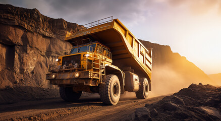 Large quarry dump truck. Transport industry. A mining truck is driving along a mountain road. - obrazy, fototapety, plakaty